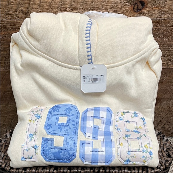 Altar'd State Tops - Altar'd State Women’s 1998 Pullover Hoodie Ivory & Blue Medium NWT